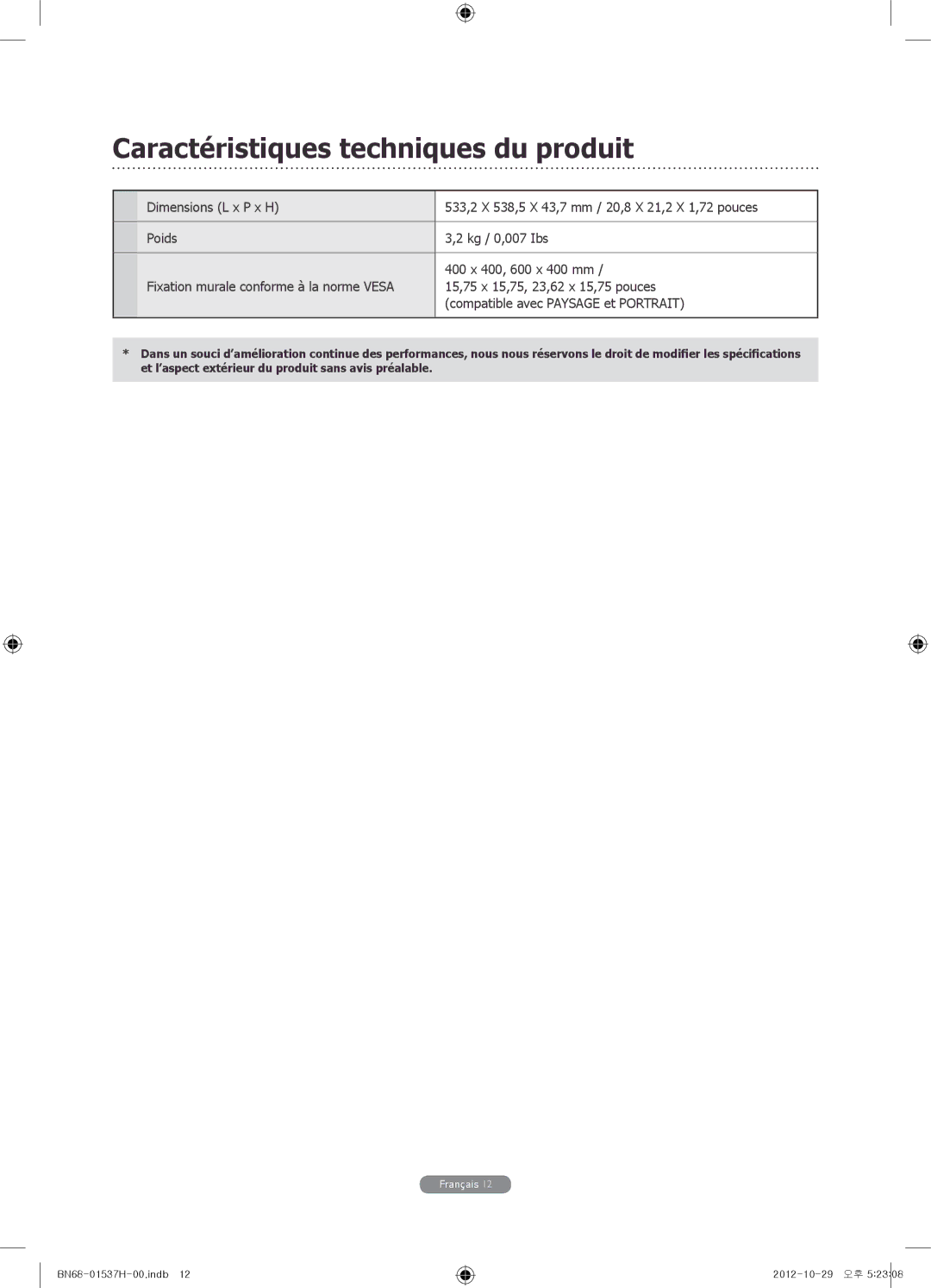 Samsung WMN4675MD setup guide Caractéristiques techniques du produit 