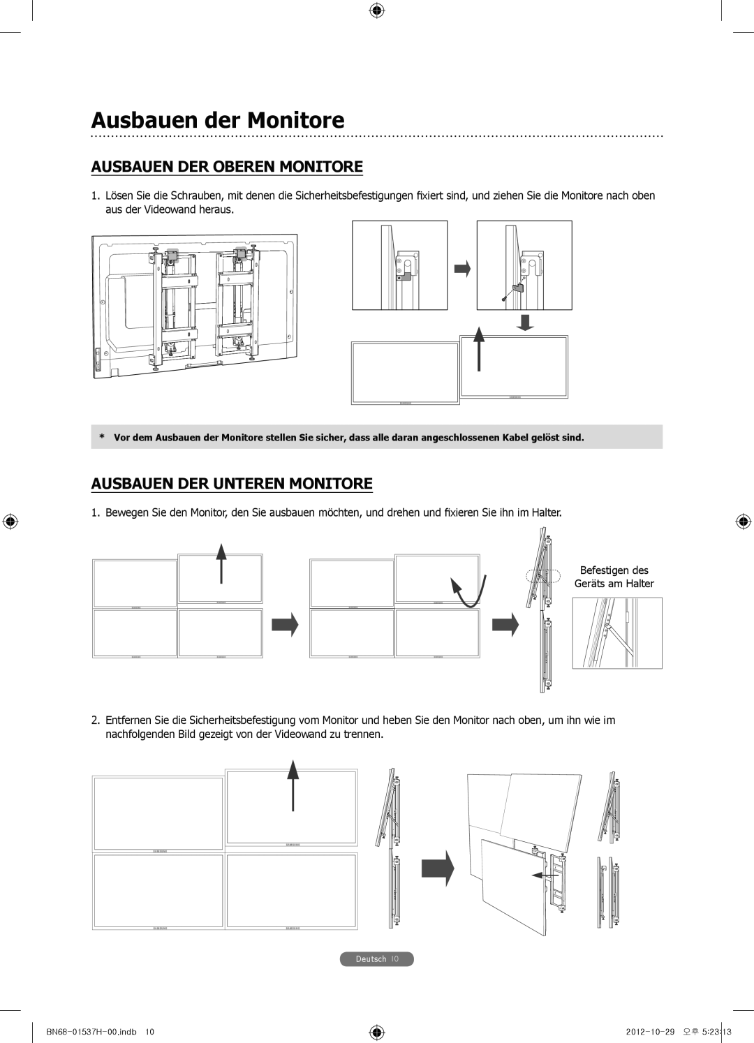 Samsung WMN4675MD setup guide Ausbauen der Monitore, Ausbauen DER Oberen Monitore, Ausbauen DER Unteren Monitore 