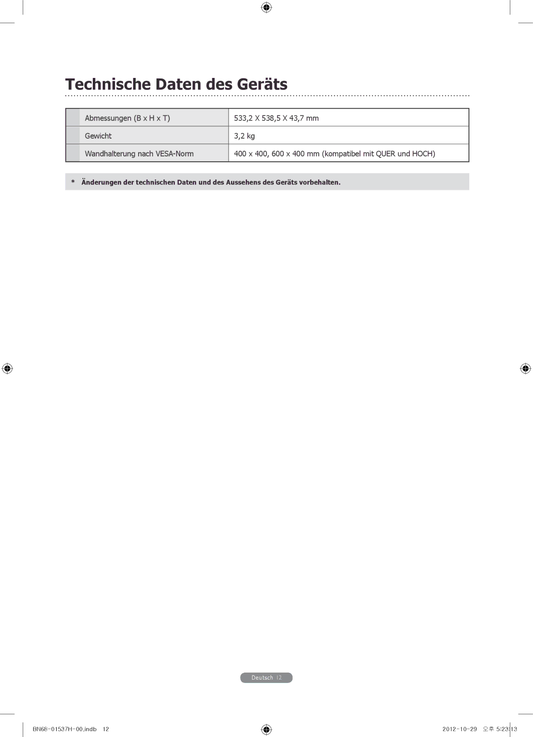 Samsung WMN4675MD setup guide Technische Daten des Geräts 