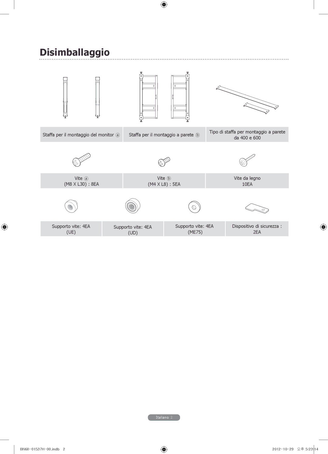 Samsung WMN4675MD setup guide Disimballaggio 