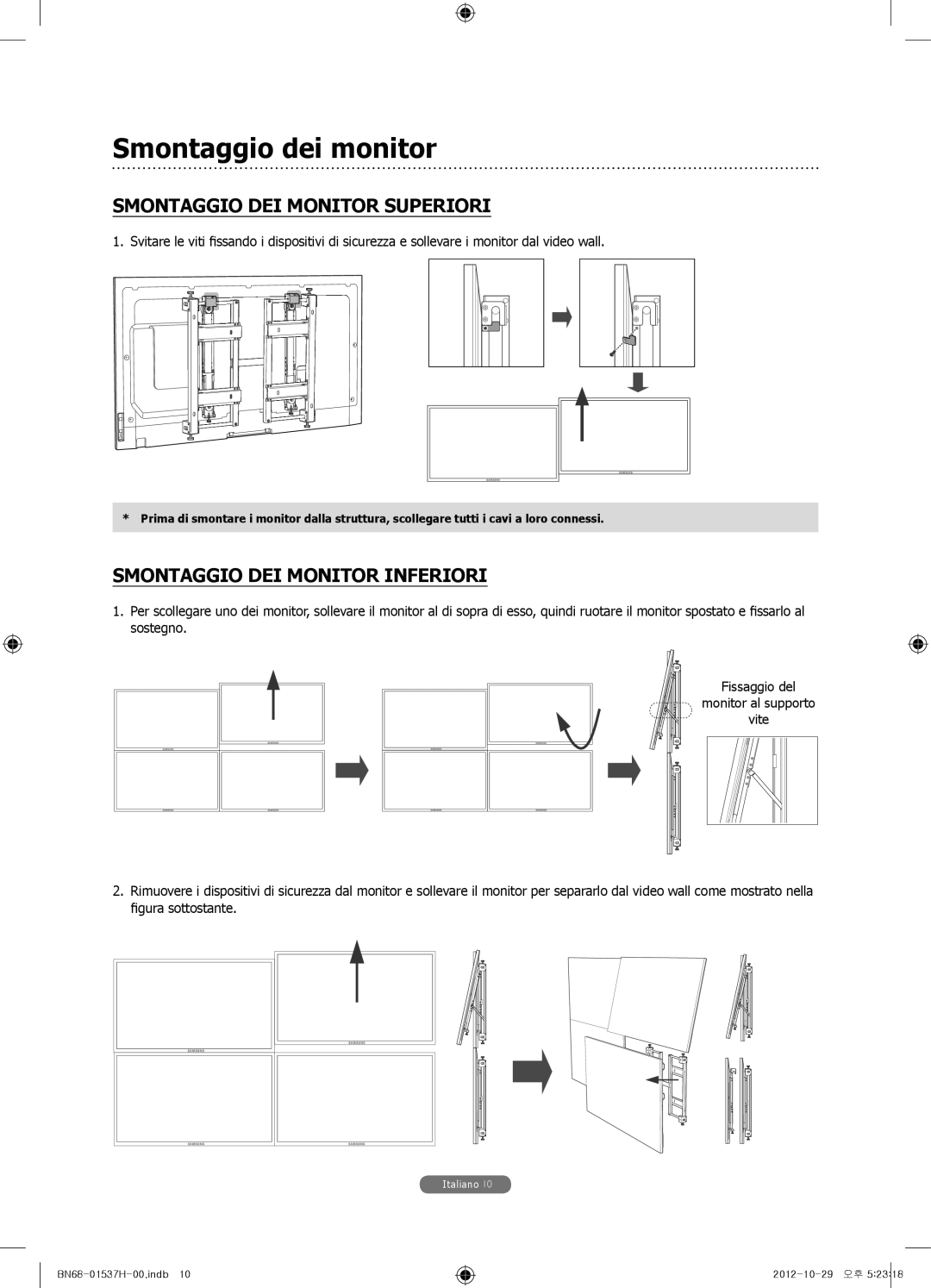 Samsung WMN4675MD setup guide Smontaggio dei monitor, Smontaggio DEI Monitor Superiori, Smontaggio DEI Monitor Inferiori 