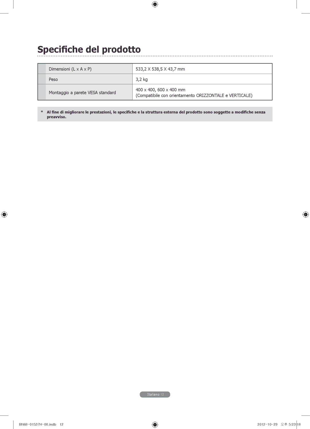 Samsung WMN4675MD setup guide Specifiche del prodotto 