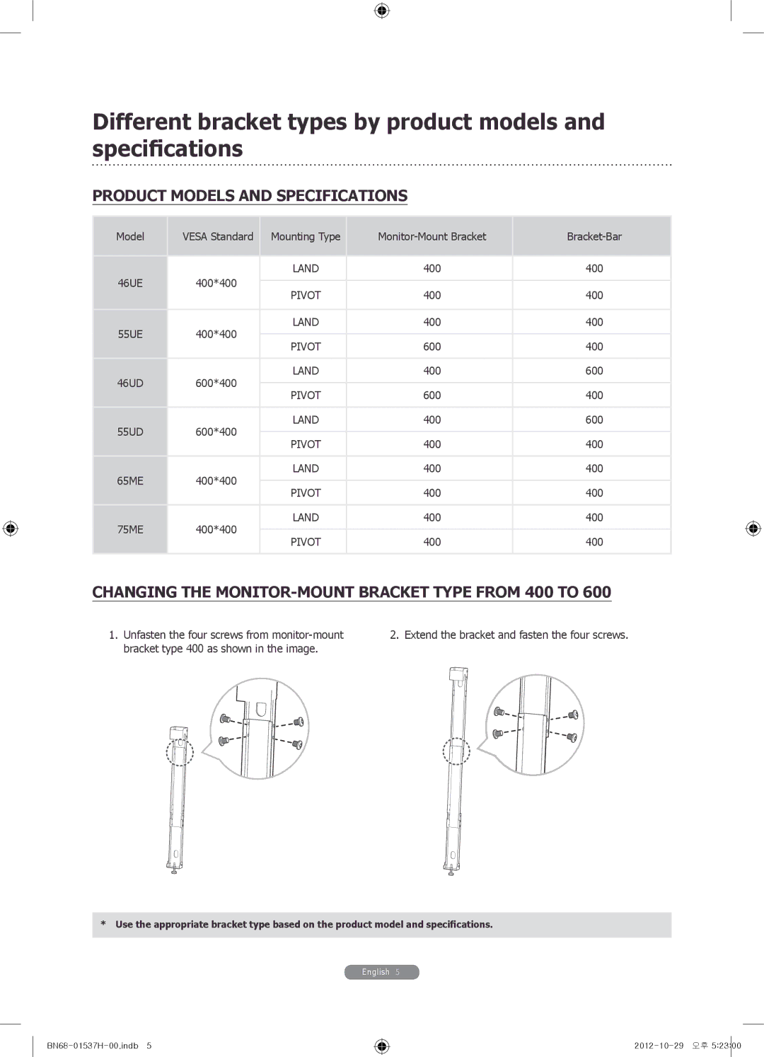 Samsung WMN4675MD setup guide Product Models and Specifications, Changing the MONITOR-MOUNT Bracket Type from 400 to 