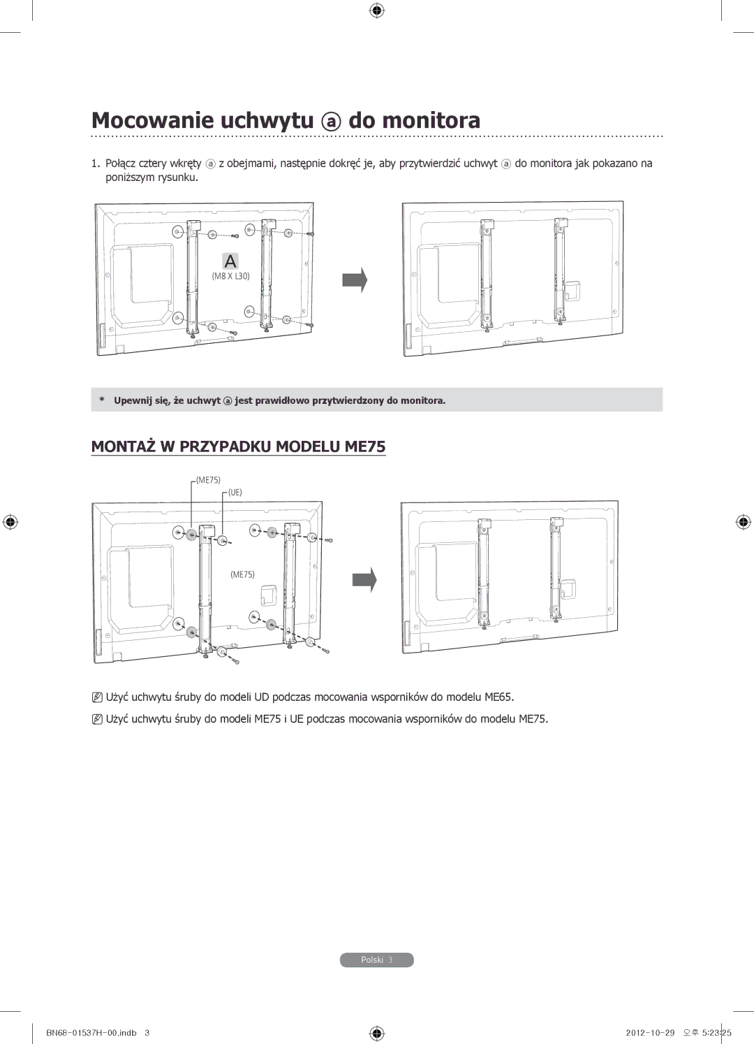 Samsung WMN4675MD setup guide Mocowanie uchwytu do monitora, Montaż W Przypadku Modelu ME75 