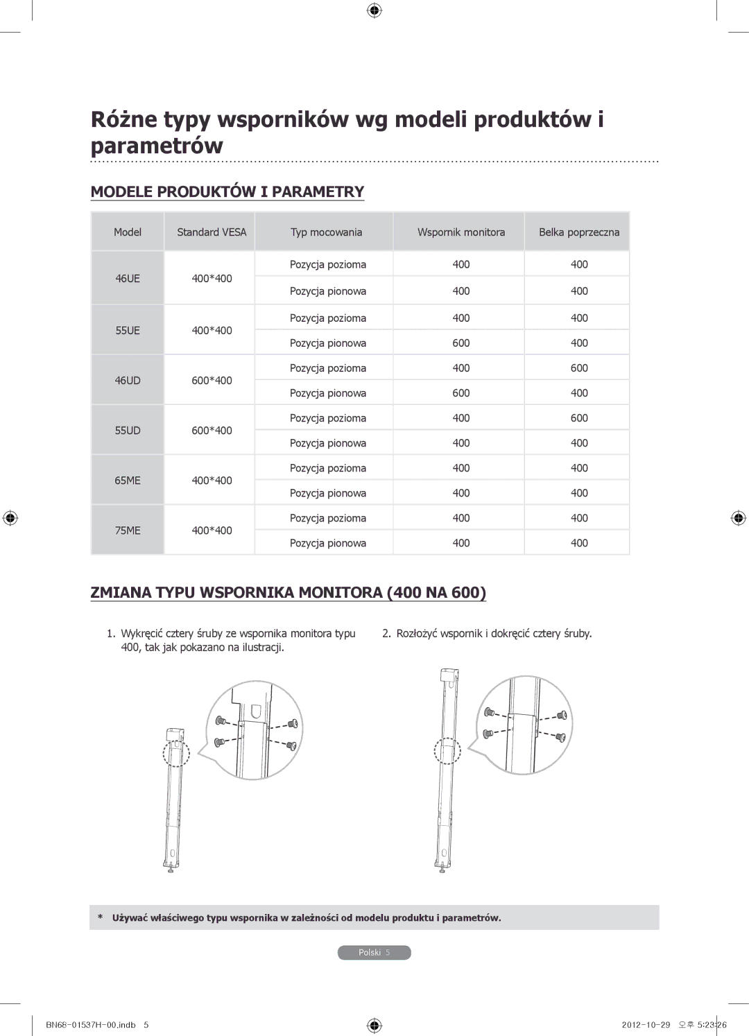 Samsung WMN4675MD setup guide Różne typy wsporników wg modeli produktów i parametrów, Modele Produktów I Parametry 