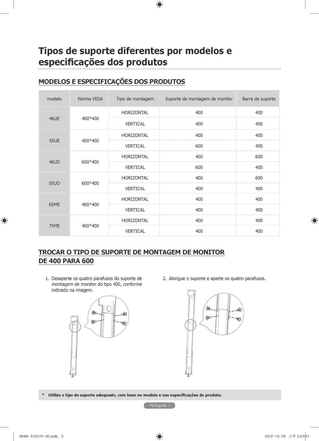 Samsung WMN4675MD Modelos E Especificações DOS Produtos, Trocar O Tipo DE Suporte DE Montagem DE Monitor DE 400 Para 