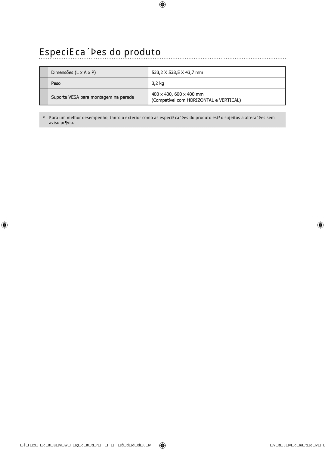 Samsung WMN4675MD setup guide Especificações do produto 