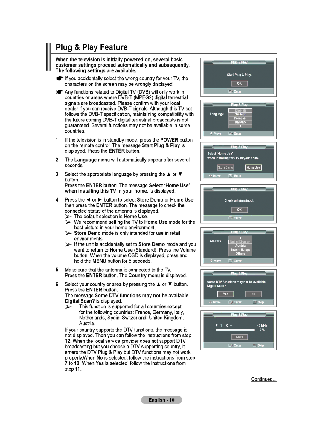 Samsung WMN5090A user manual Plug & Play Feature, Make sure that the antenna is connected to the TV, Press the Enter button 