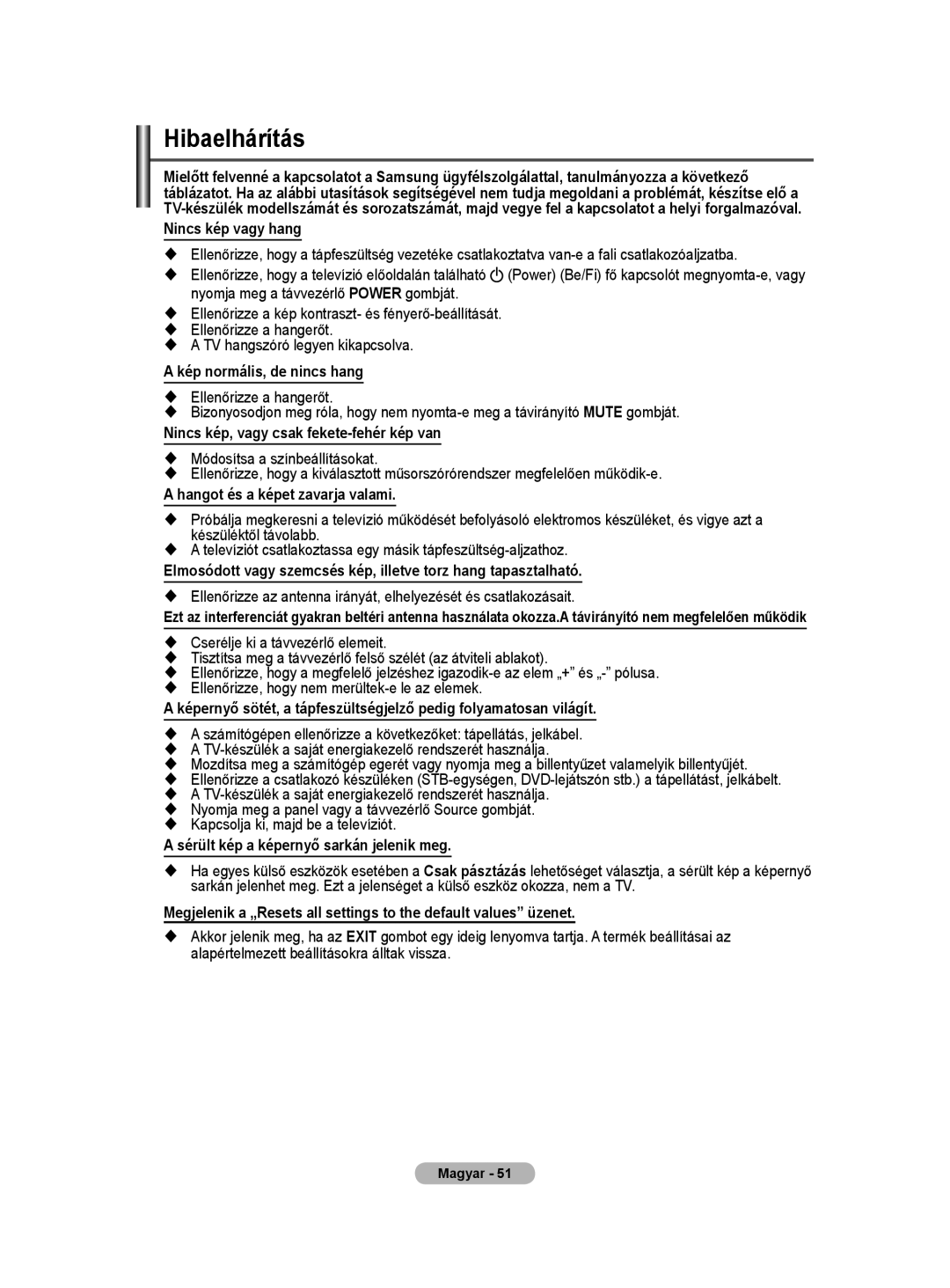 Samsung WMN5090A user manual Hibaelhárítás, Kép normális, de nincs hang, Nincs kép, vagy csak fekete-fehér kép van 