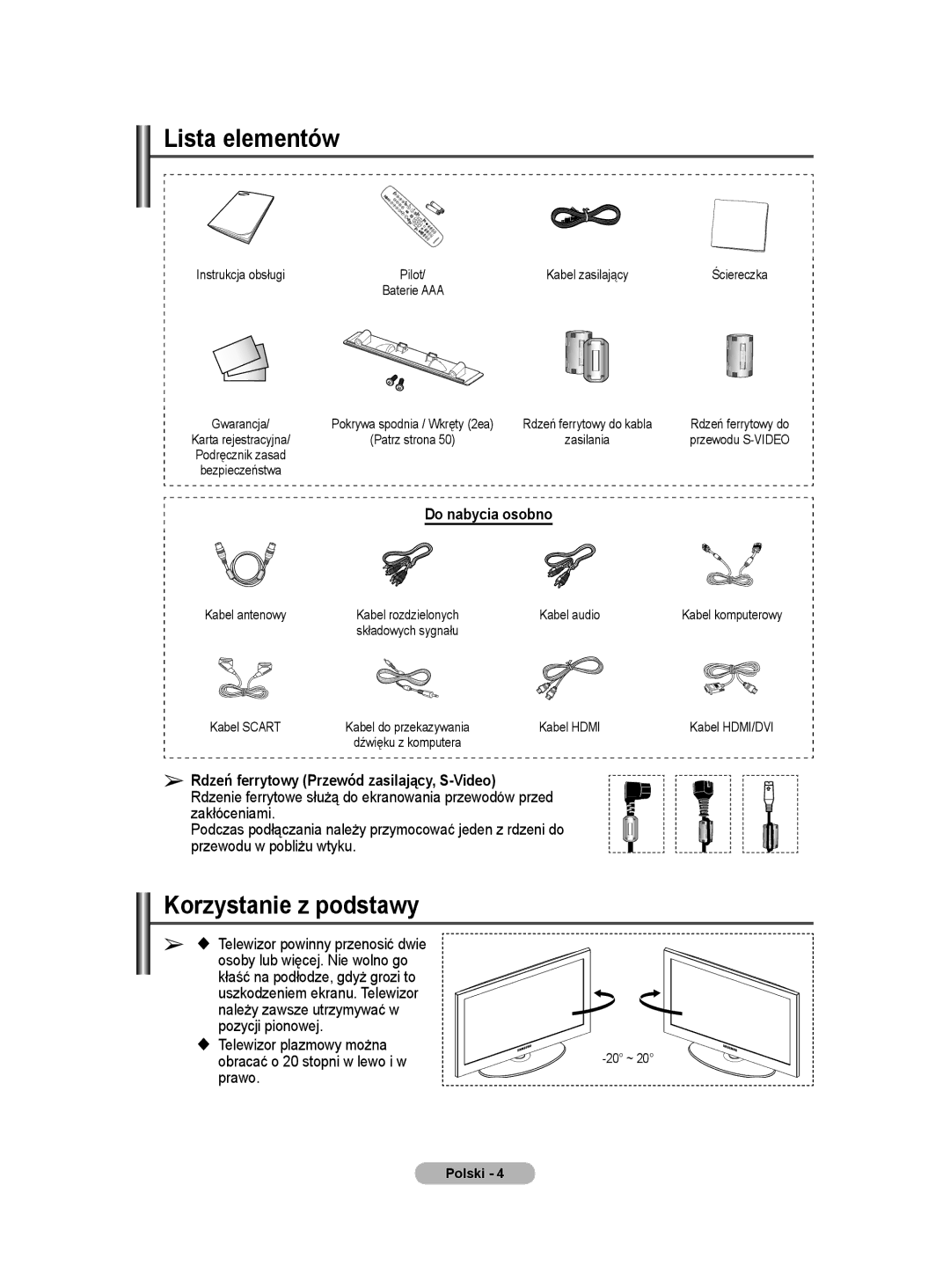 Samsung WMN5090A user manual Lista elementów, Korzystanie z podstawy, Do nabycia osobno 