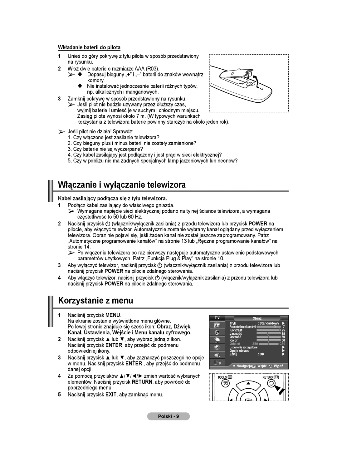 Samsung WMN5090A user manual Włączanie i wyłączanie telewizora, Korzystanie z menu, Wkładanie baterii do pilota 