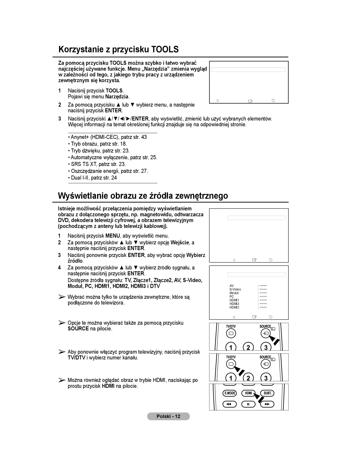 Samsung WMN5090A user manual Korzystanie z przycisku Tools, Wyświetlanie obrazu ze źródła zewnętrznego, Źródło 