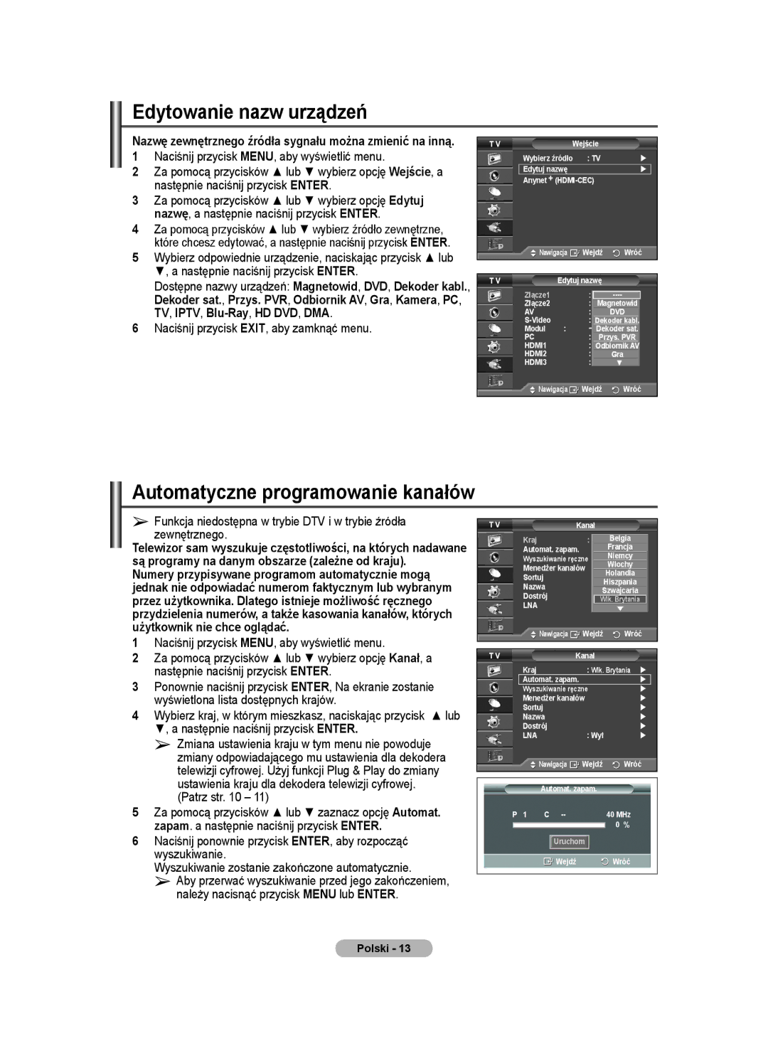 Samsung WMN5090A user manual Edytowanie nazw urządzeń, Automatyczne programowanie kanałów 