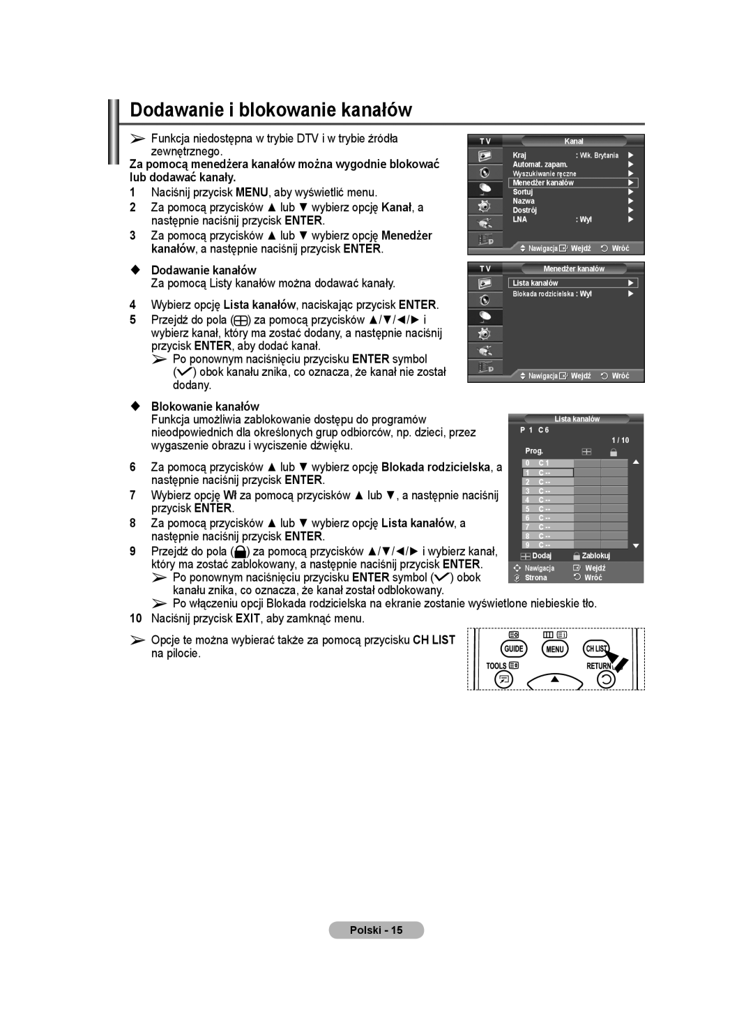 Samsung WMN5090A user manual Dodawanie i blokowanie kanałów 