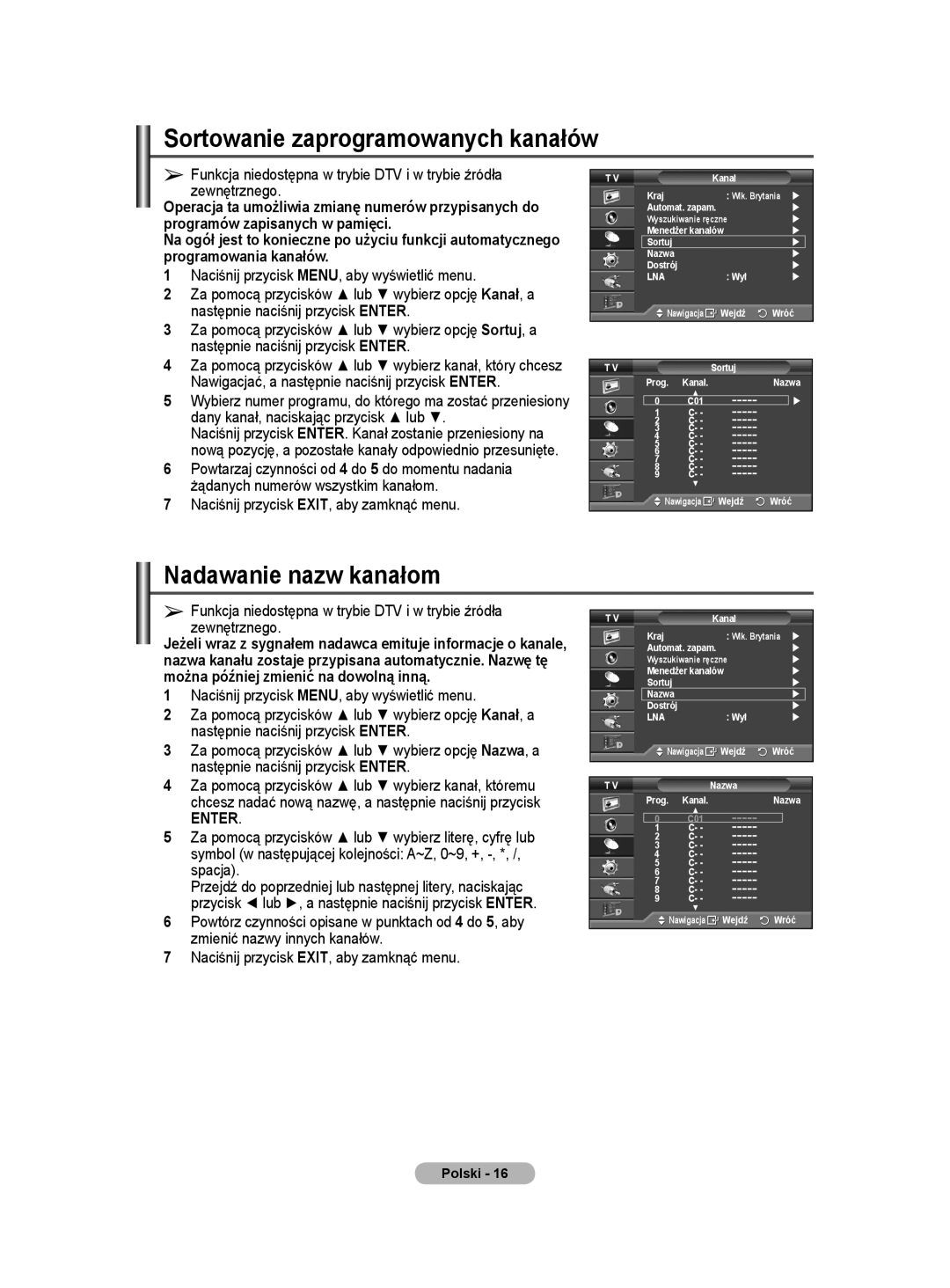 Samsung WMN5090A user manual Sortowanie zaprogramowanych kanałów, Nadawanie nazw kanałom 