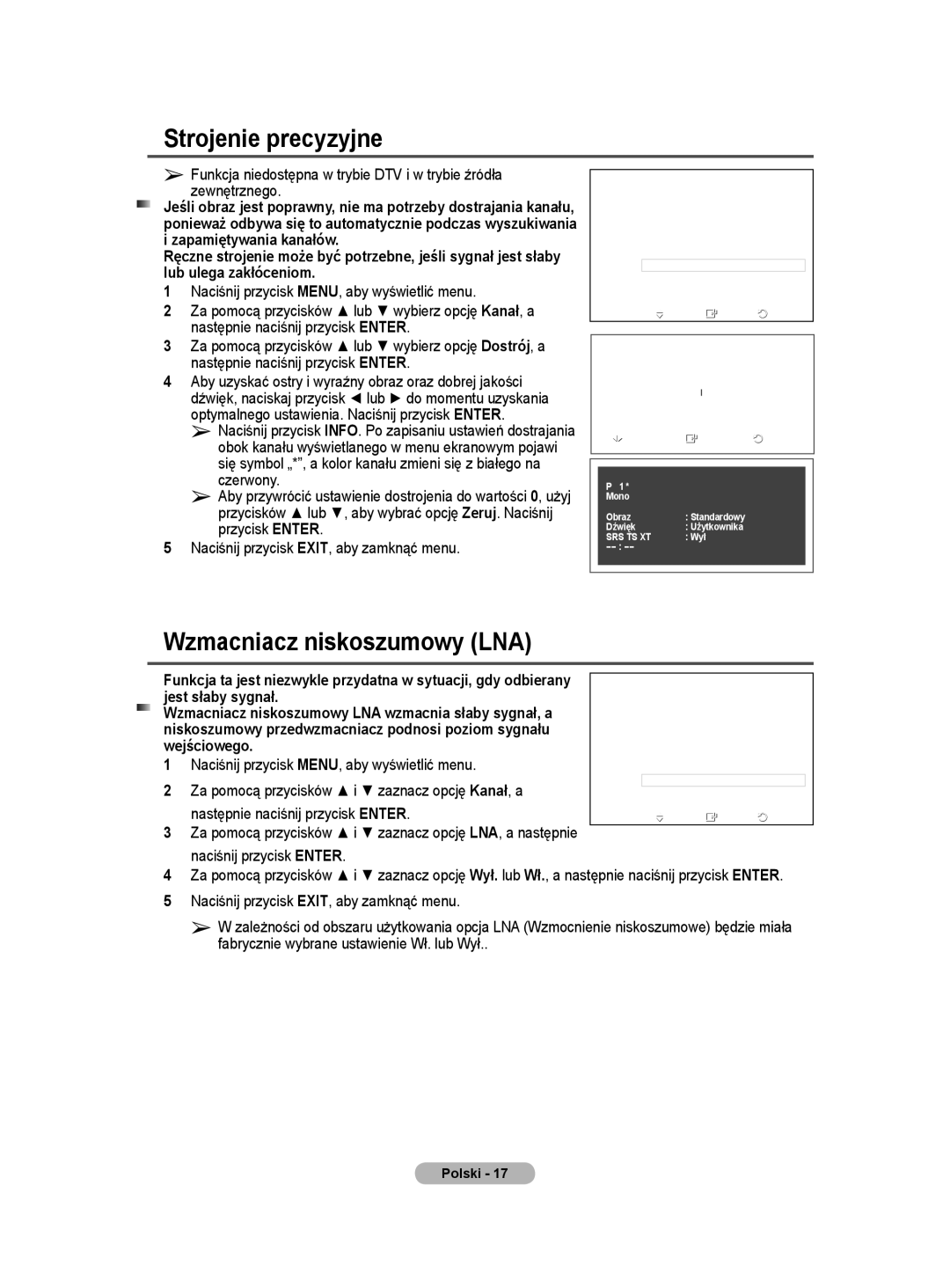 Samsung WMN5090A Strojenie precyzyjne, Wzmacniacz niskoszumowy LNA, Za pomocą przycisków i zaznacz opcję LNA, a następnie 