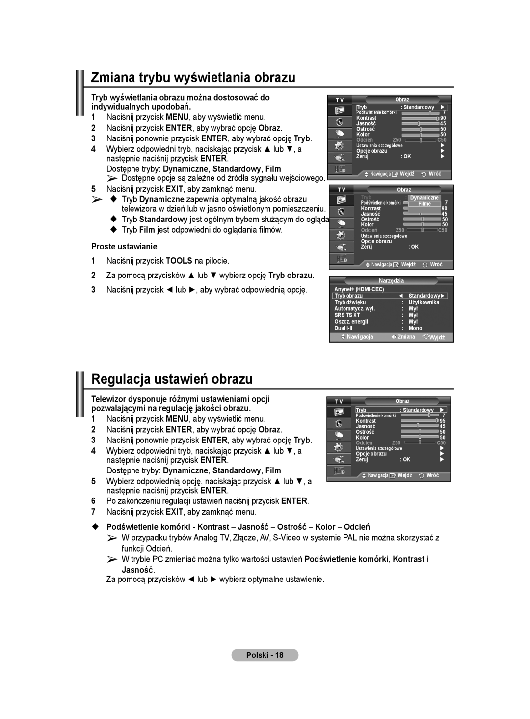 Samsung WMN5090A user manual Zmiana trybu wyświetlania obrazu 