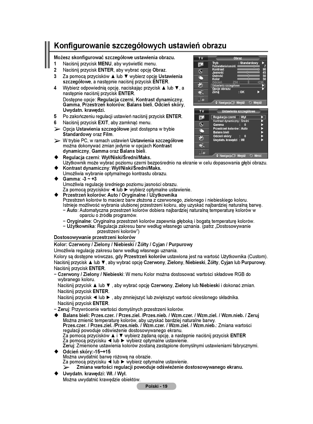 Samsung WMN5090A user manual Konfigurowanie szczegółowych ustawień obrazu, Standardowy oraz Film 