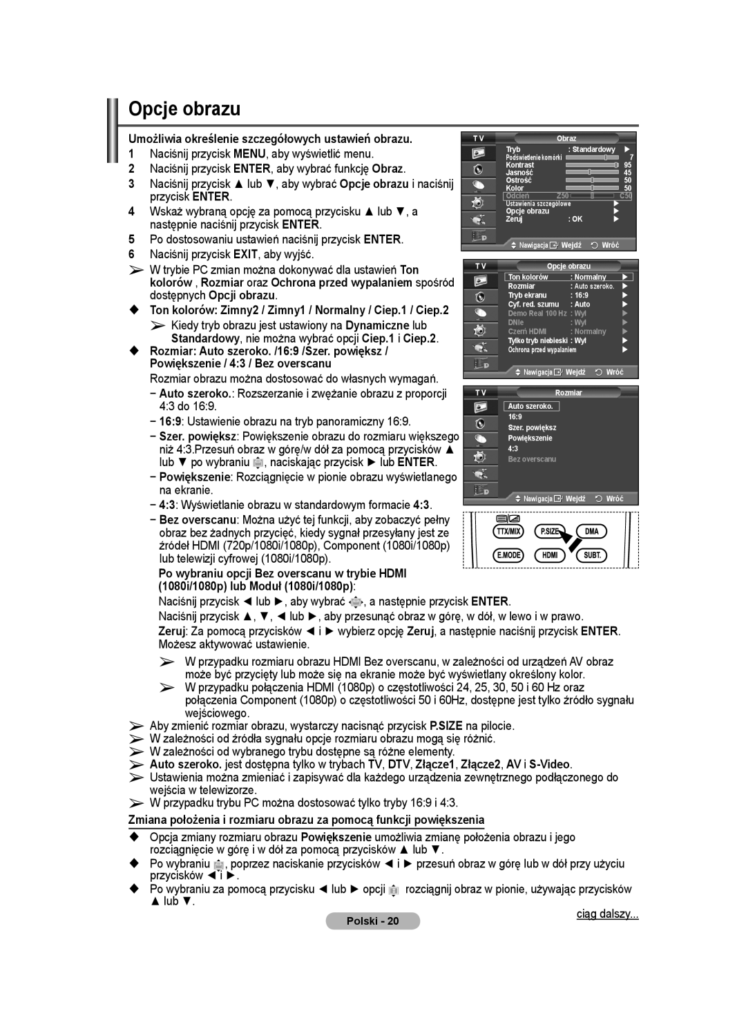 Samsung WMN5090A user manual Opcje obrazu 