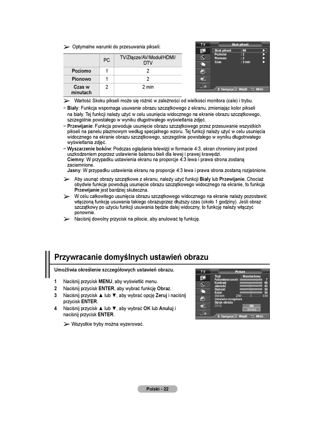 Samsung WMN5090A user manual Przywracanie domyślnych ustawień obrazu, Optymalne warunki do przesuwania pikseli 