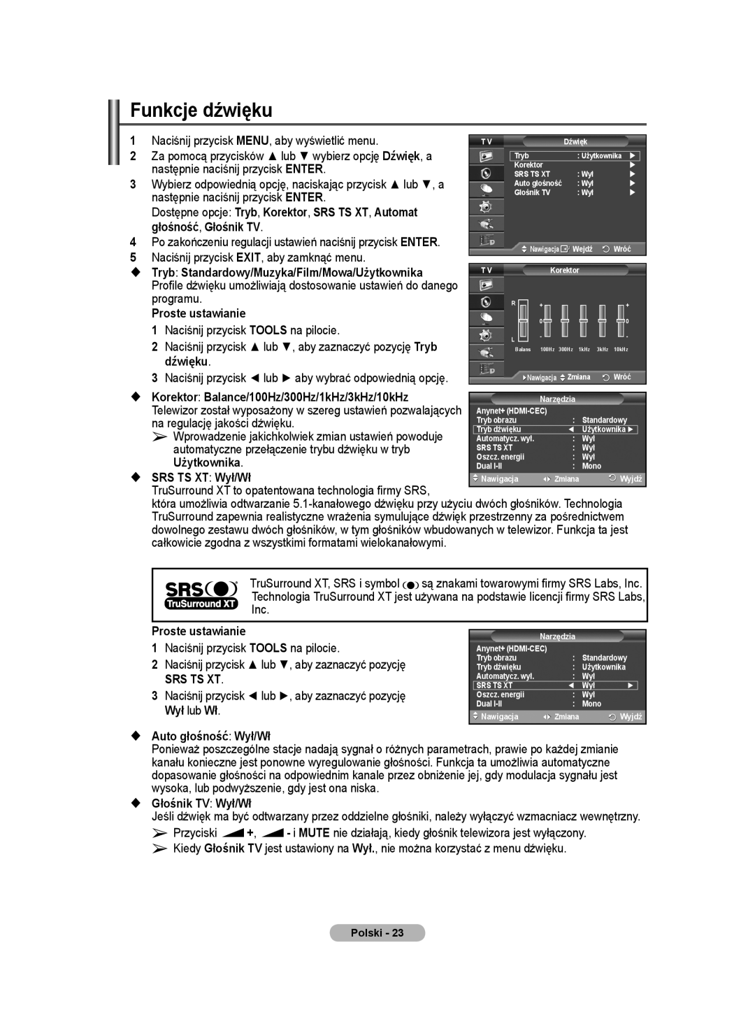 Samsung WMN5090A user manual Funkcje dźwięku 