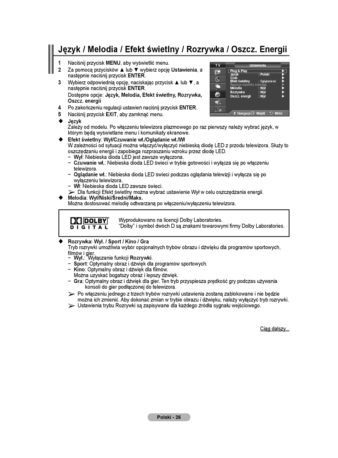 Samsung WMN5090A user manual Oszcz. energii,  Język,  Efekt świetlny Wył/Czuwanie wł./Oglądanie wł./Wł 