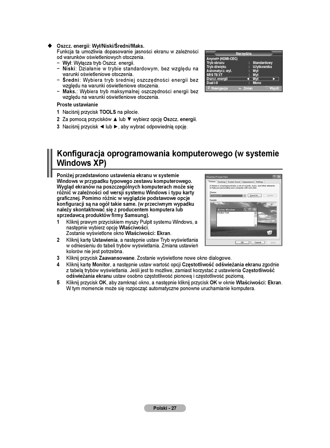 Samsung WMN5090A user manual  Oszcz. energii Wył/Niski/Średni/Maks, Naciśnij przycisk Tools na pilocie 