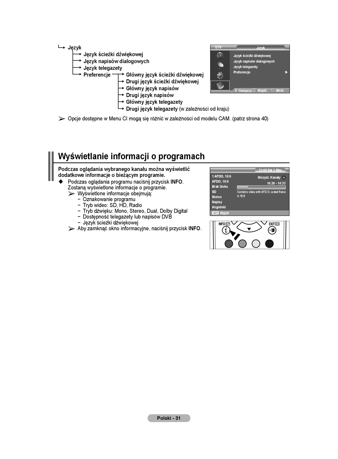 Samsung WMN5090A user manual Wyświetlanie informacji o programach, Język ścieżki dźwiękowej, Język napisów dialogowych 