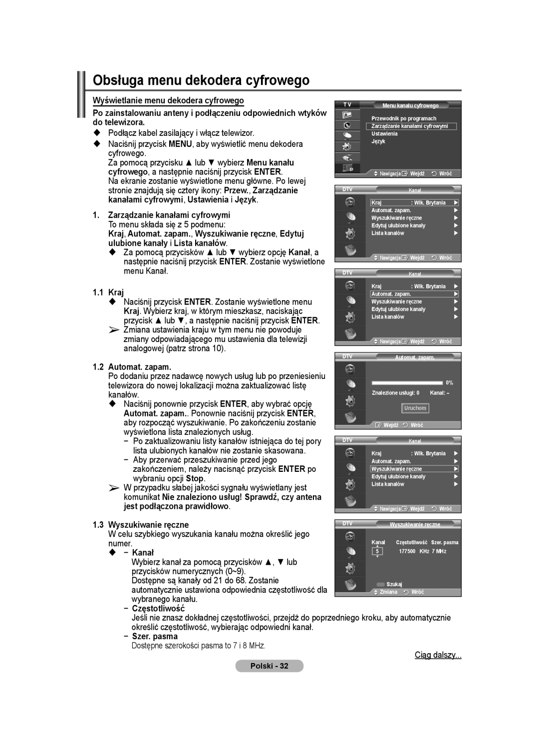 Samsung WMN5090A user manual Obsługa menu dekodera cyfrowego, Wyszukiwanie ręczne, Numer,  − Kanał, Wybranego kanału 