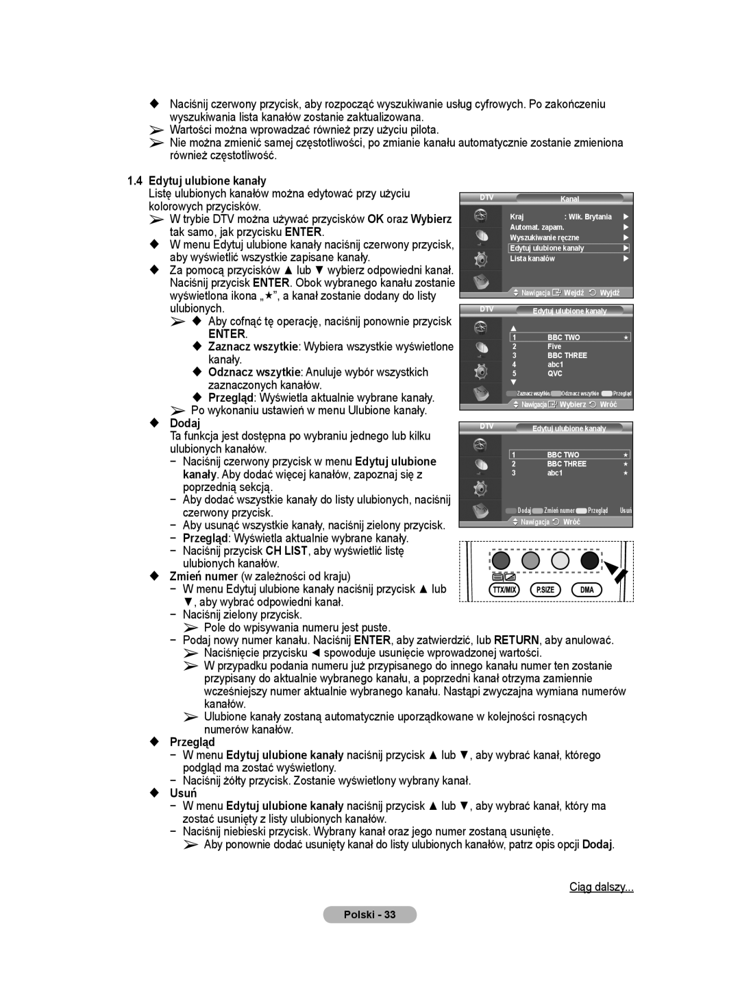 Samsung WMN5090A Kolorowych przycisków, Tak samo, jak przycisku Enter, Aby wyświetlić wszystkie zapisane kanały, Kanały 