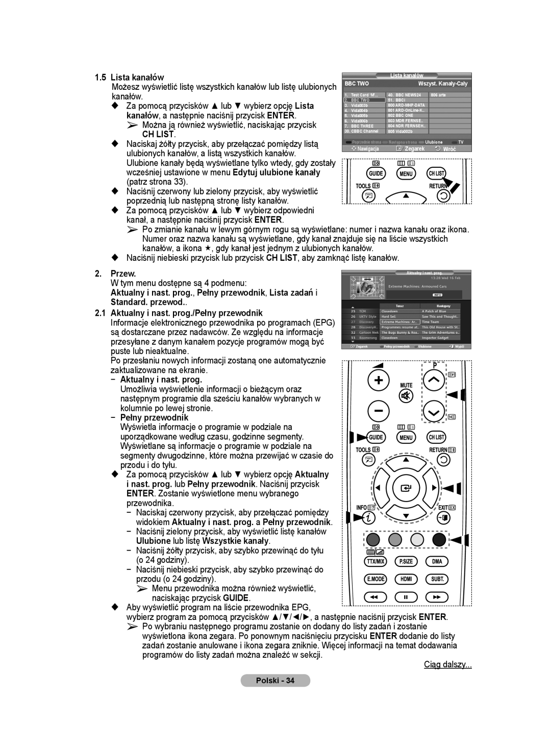 Samsung WMN5090A user manual Lista kanałów, Kanałów, a następnie naciśnij przycisk Enter, Patrz strona 