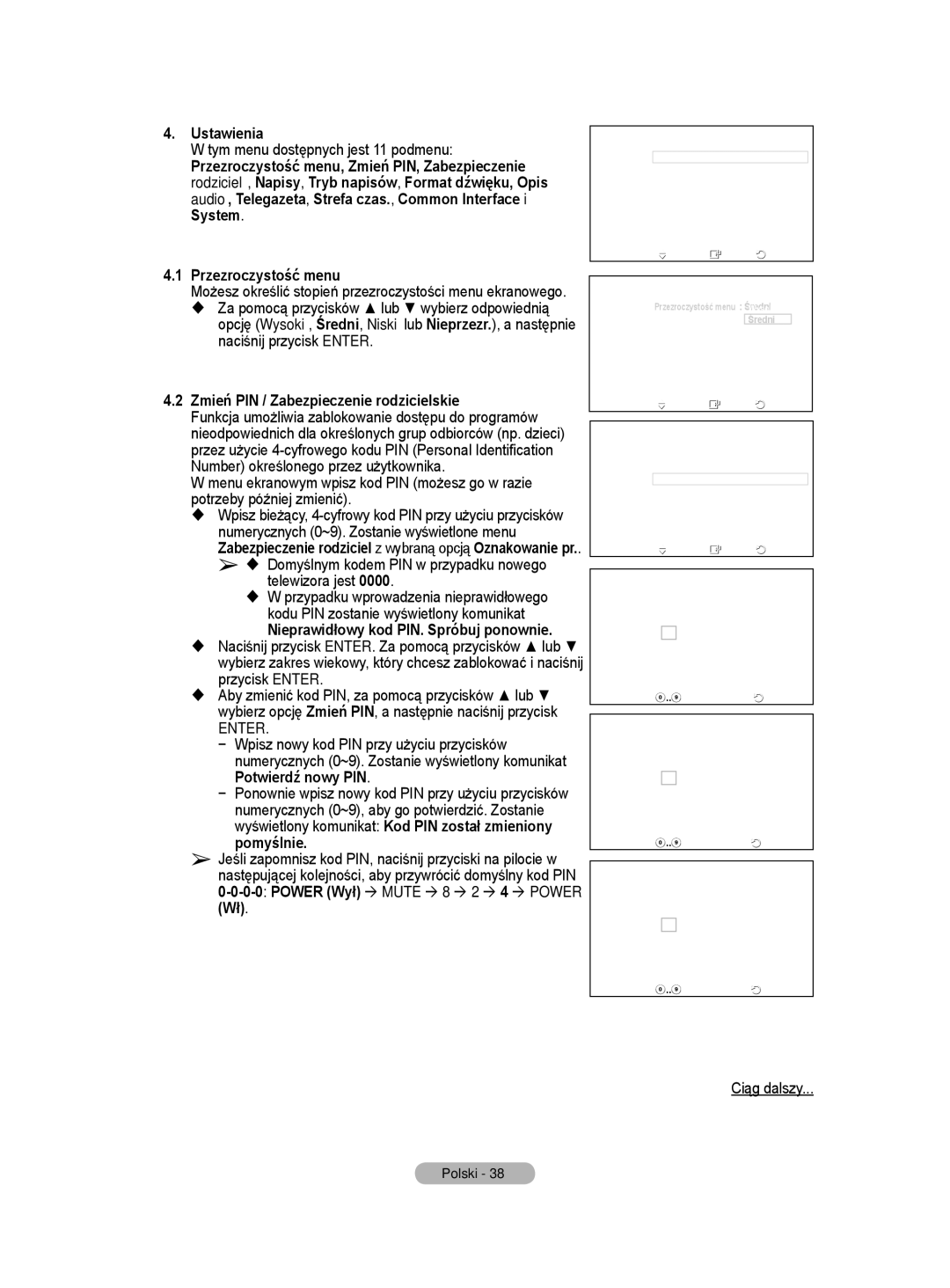 Samsung WMN5090A Tym menu dostępnych jest 11 podmenu, Przezroczystość menu, Zmień PIN / Zabezpieczenie rodzicielskie 