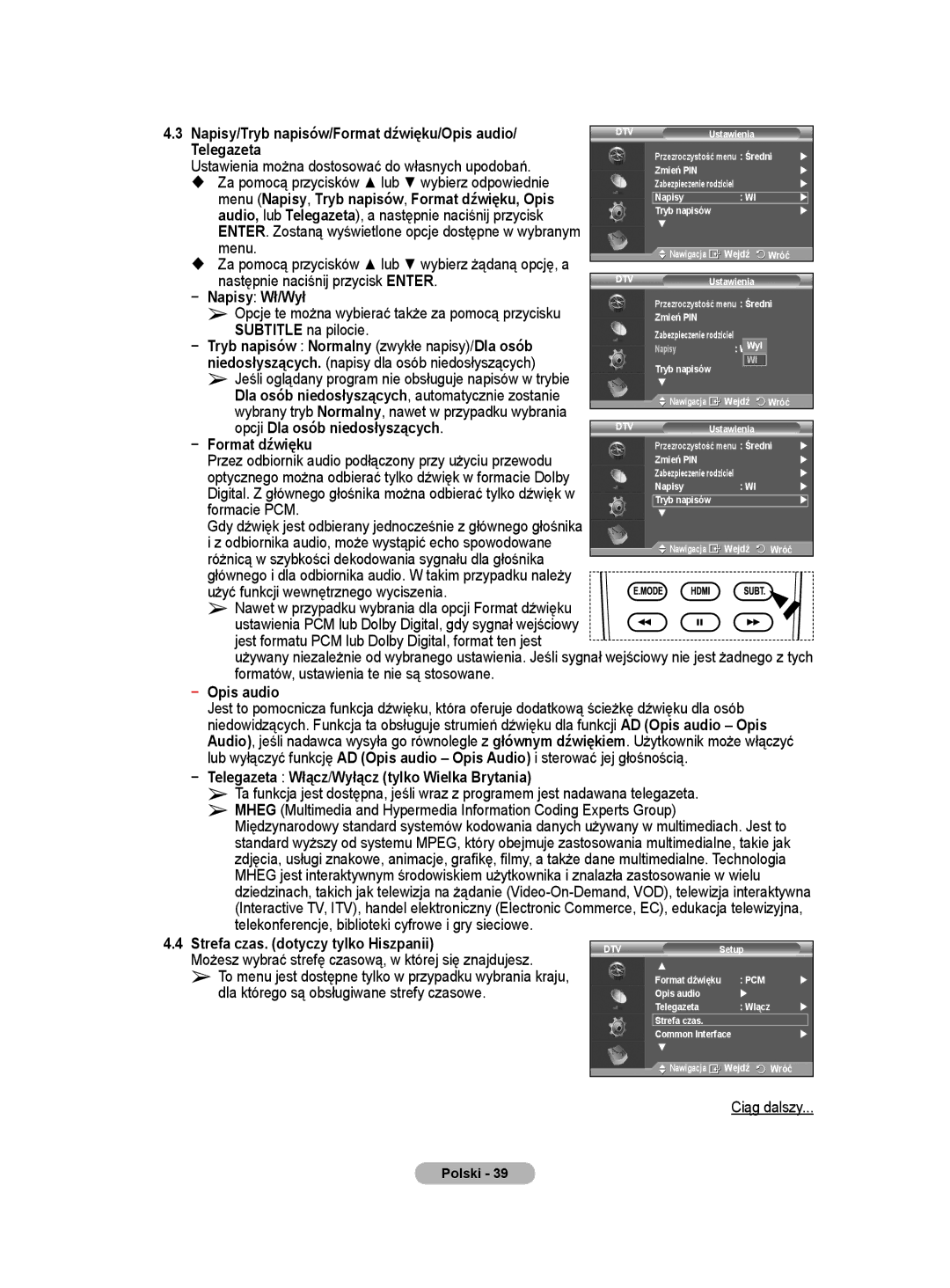 Samsung WMN5090A Napisy/Tryb napisów/Format dźwięku/Opis audio, Telegazeta, Menu, Napisy Wł/Wył, Subtitle na pilocie 