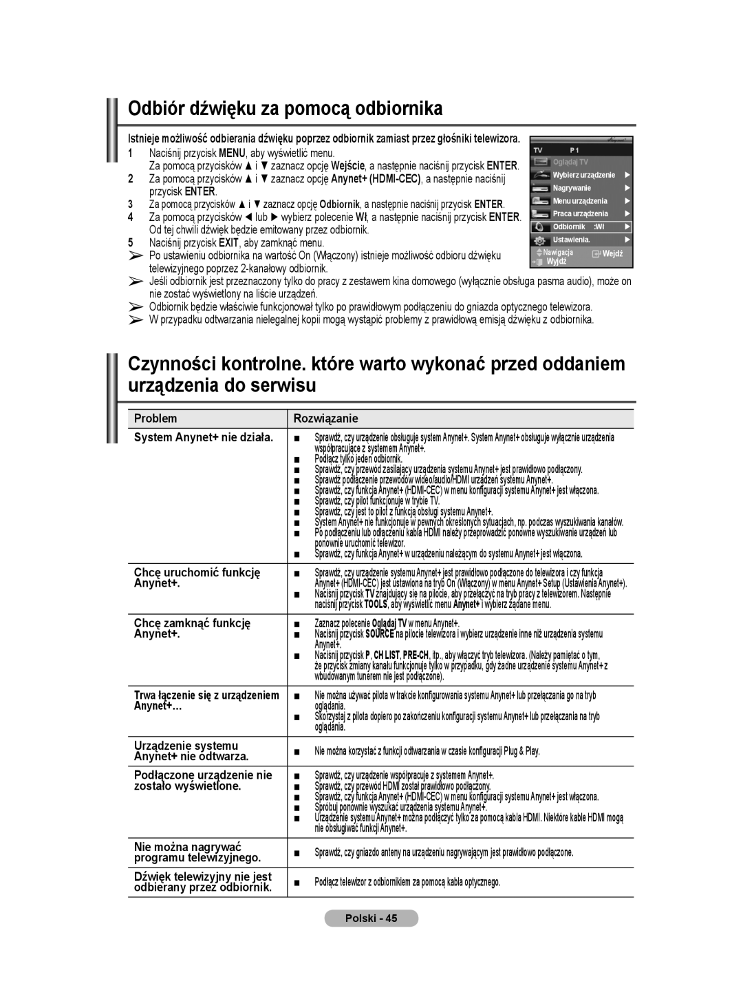 Samsung WMN5090A user manual Odbiór dźwięku za pomocą odbiornika 