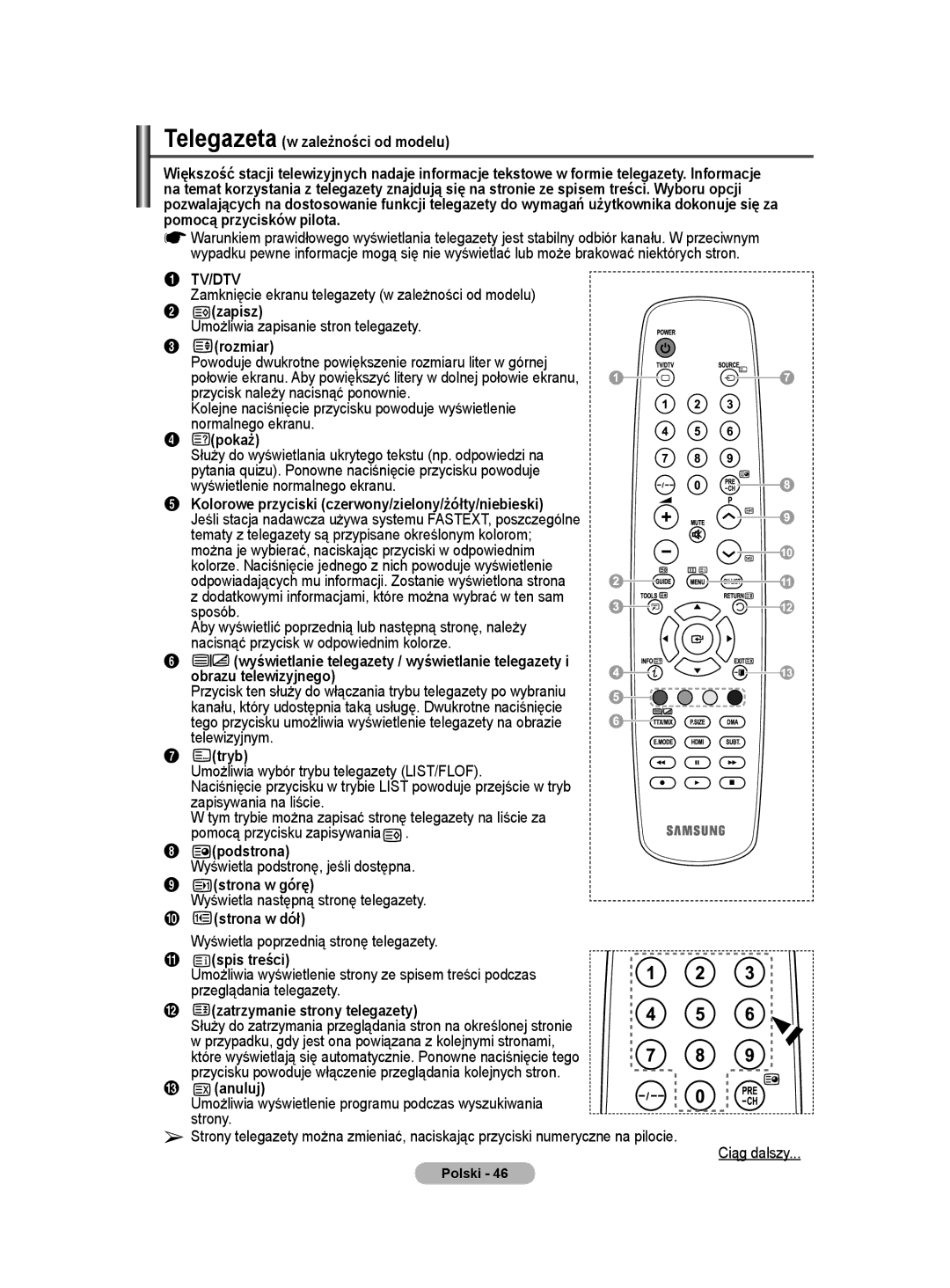 Samsung WMN5090A Telegazeta w zależności od modelu, Zapisz, Rozmiar, Pokaż, Obrazu telewizyjnego, Tryb, Podstrona 