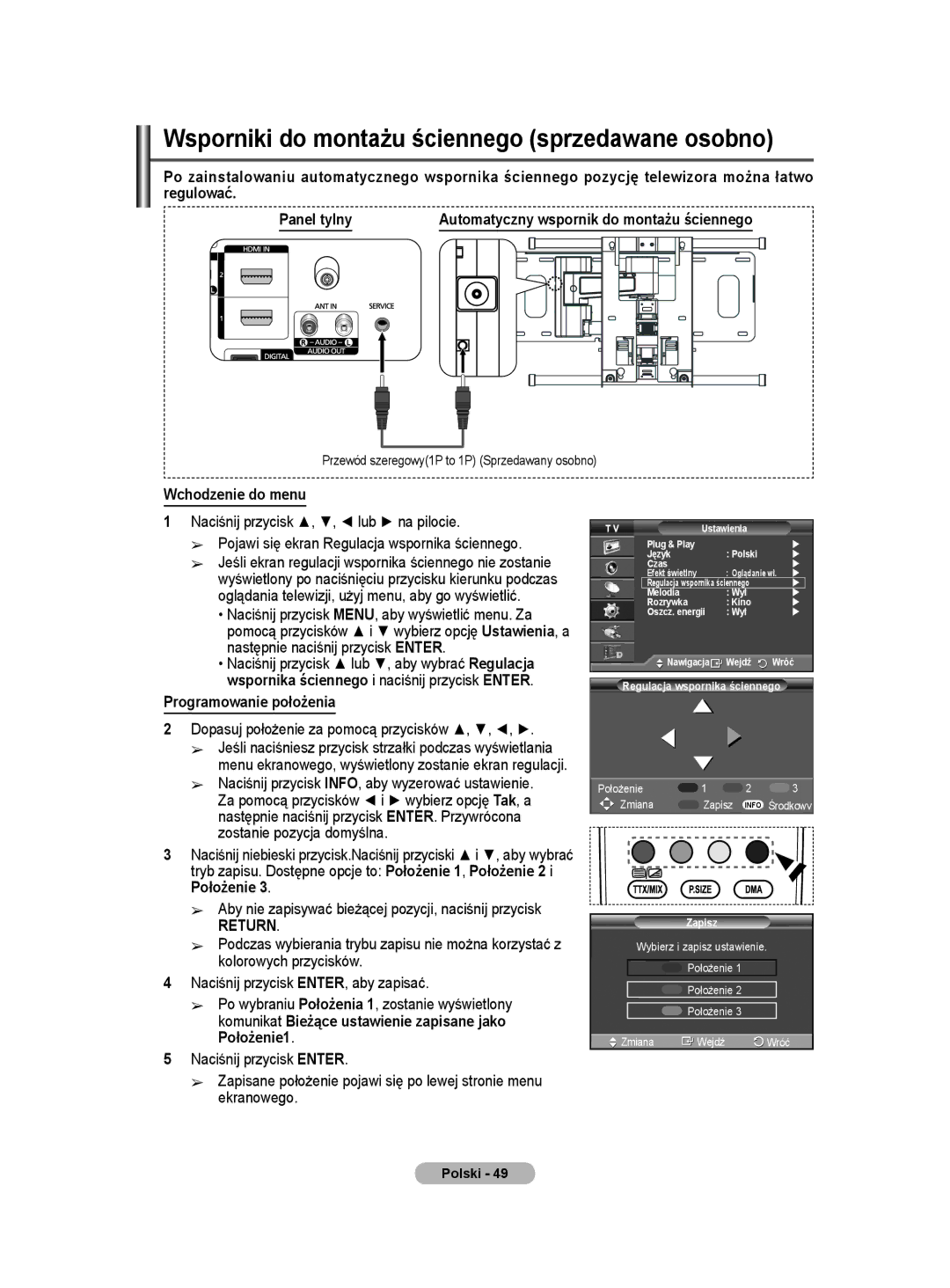 Samsung WMN5090A user manual Wsporniki do montażu ściennego sprzedawane osobno, Wchodzenie do menu, Programowanie położenia 