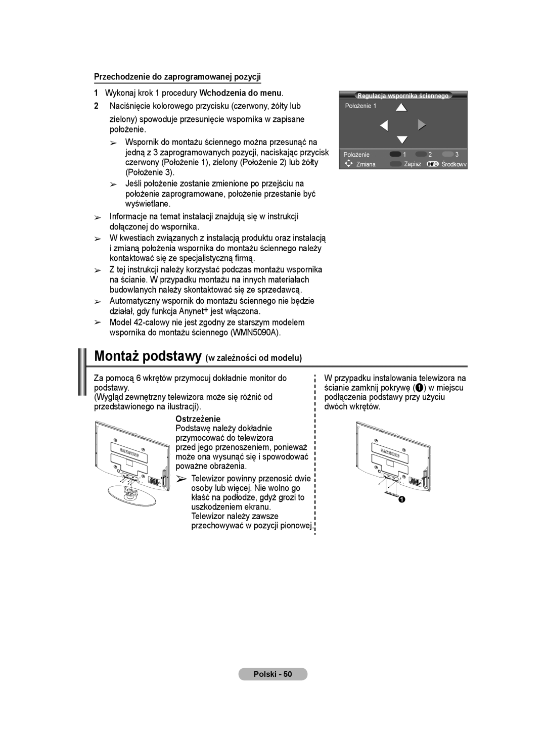 Samsung WMN5090A user manual Przechodzenie do zaprogramowanej pozycji, Montaż podstawy w zależności od modelu, Ostrzeżenie 