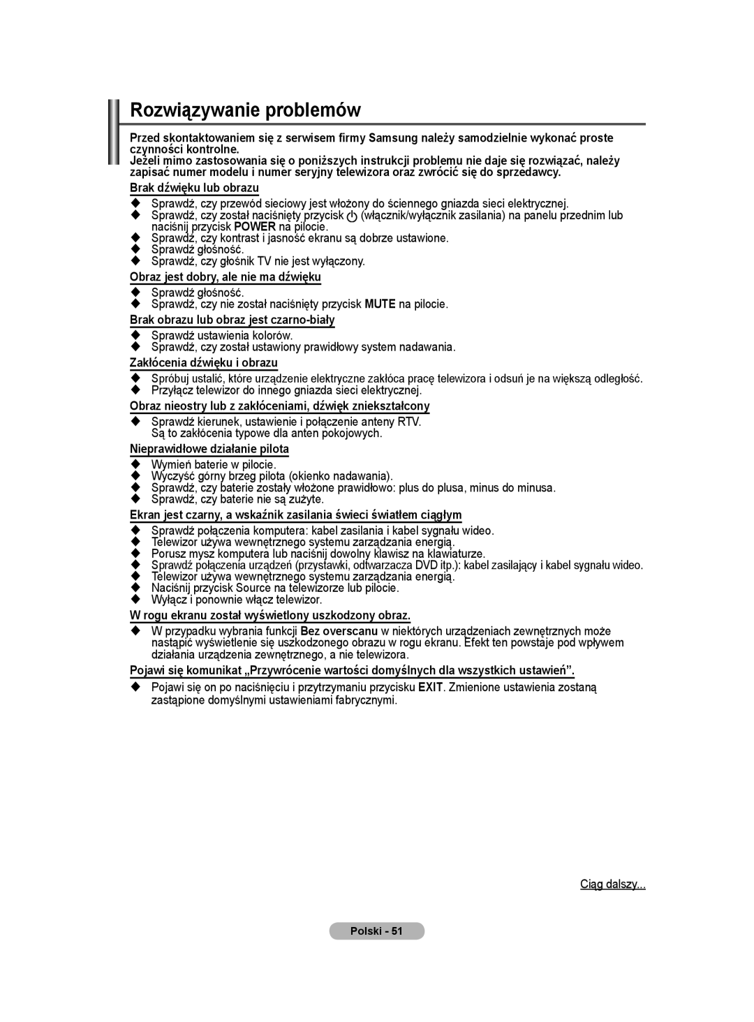 Samsung WMN5090A user manual Rozwiązywanie problemów 