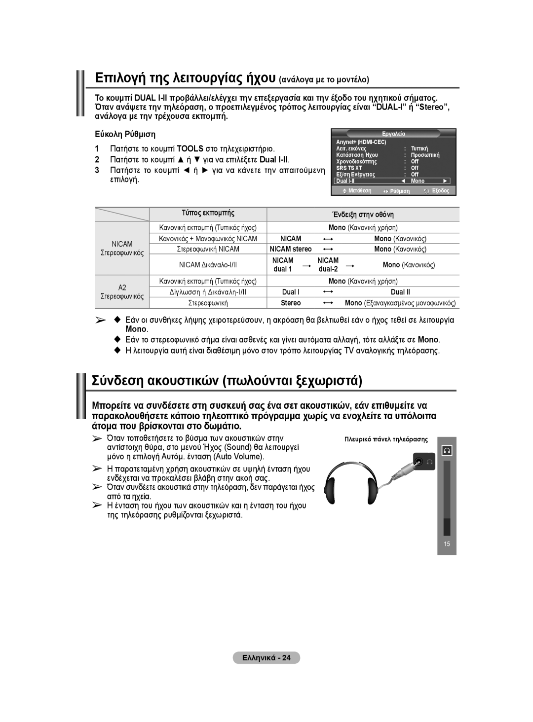 Samsung WMN5090A user manual Σύνδεση ακουστικών πωλούνται ξεχωριστά 