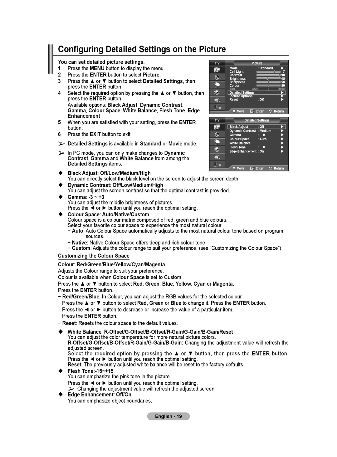 Samsung WMN5090A user manual Configuring Detailed Settings on the Picture 