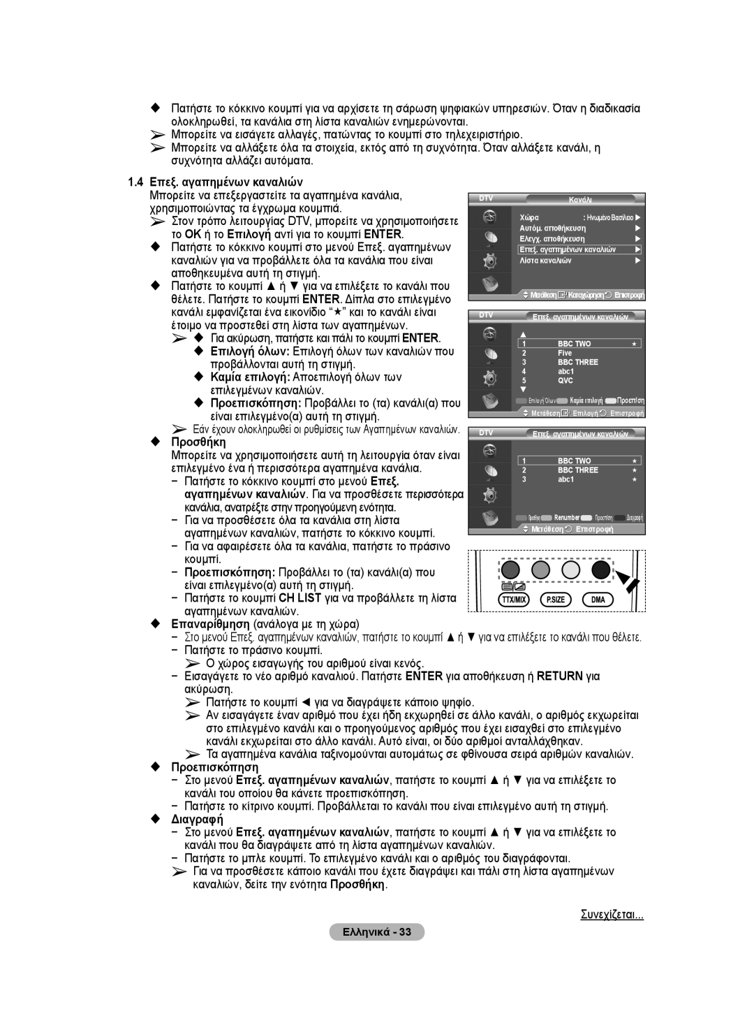 Samsung WMN5090A user manual Επεξ. αγαπημένων καναλιών,  Προσθήκη,  Προεπισκόπηση,  Διαγραφή 