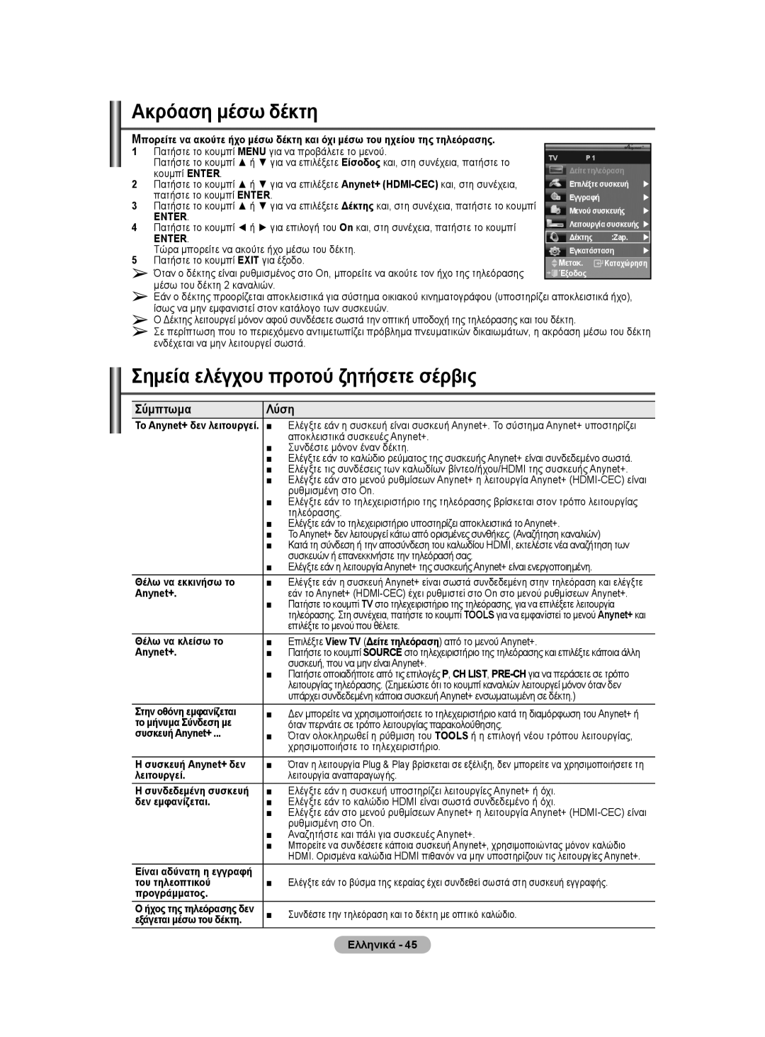 Samsung WMN5090A user manual Ακρόαση μέσω δέκτη, Σύμπτωμα Λύση 