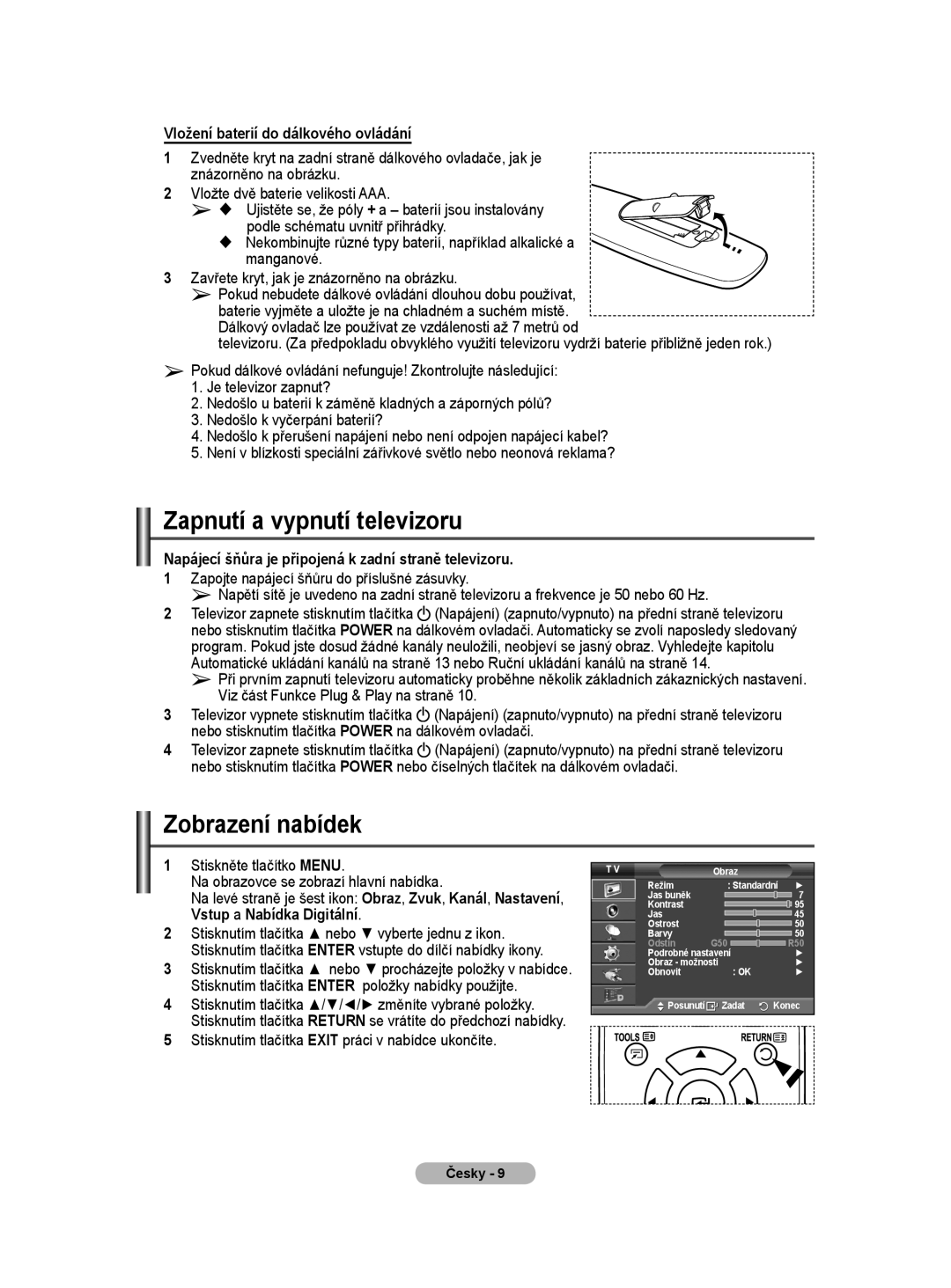 Samsung WMN5090A user manual Zapnutí a vypnutí televizoru, Zobrazení nabídek, Vložení baterií do dálkového ovládání 