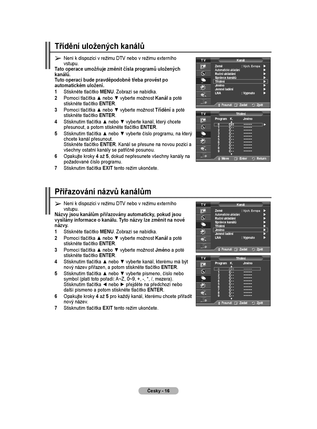 Samsung WMN5090A user manual Třídění uložených kanálů, Přiřazování názvů kanálům 