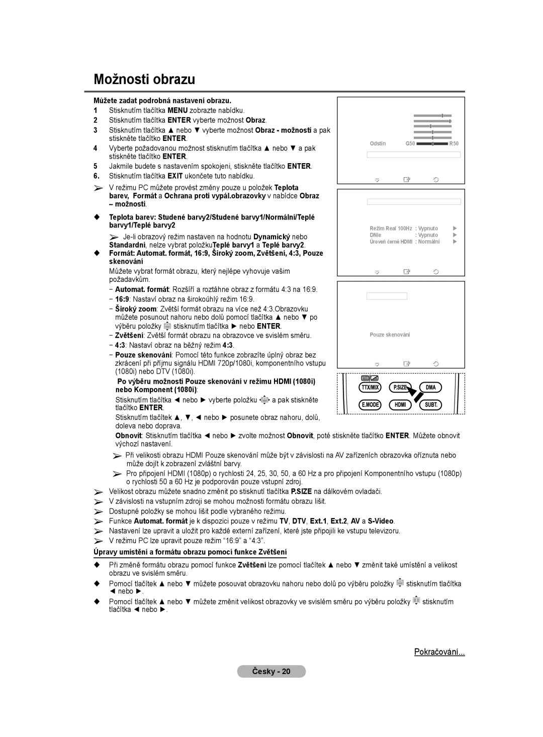 Samsung WMN5090A user manual Možnosti obrazu, 1080i nebo DTV, Úpravy umístění a formátu obrazu pomocí funkce Zvětšení 