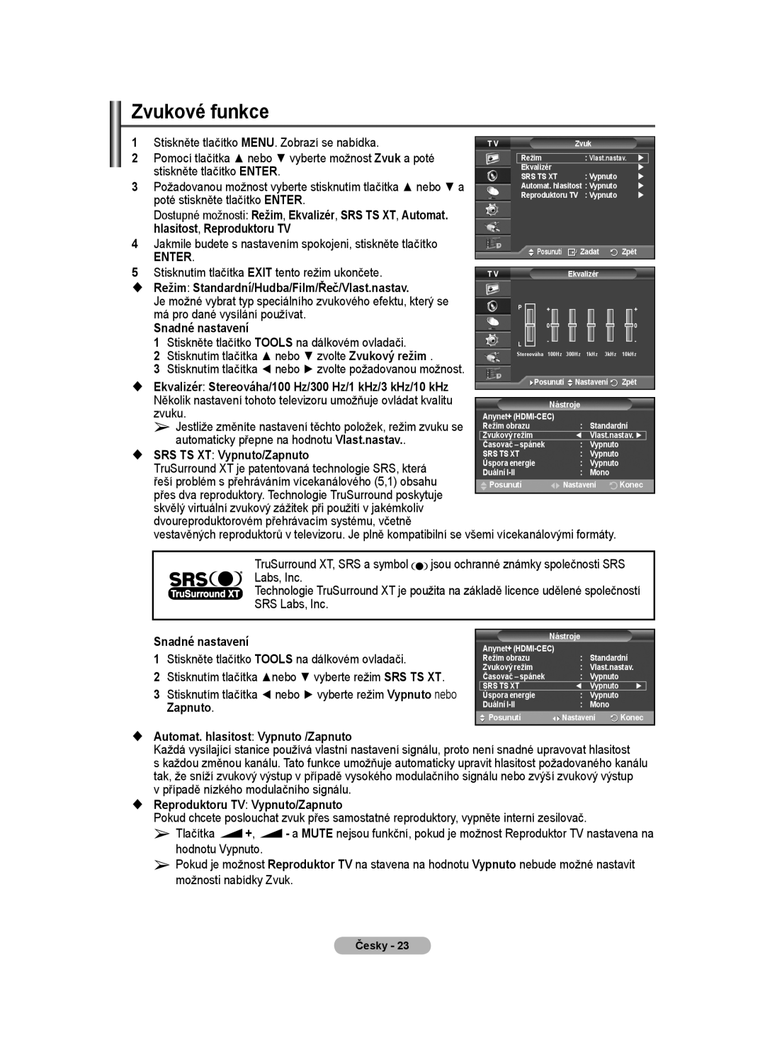 Samsung WMN5090A Zvukové funkce, Zvuku,  SRS TS XT Vypnuto/Zapnuto, Řeší problém s přehráváním vícekanálového 5,1 obsahu 