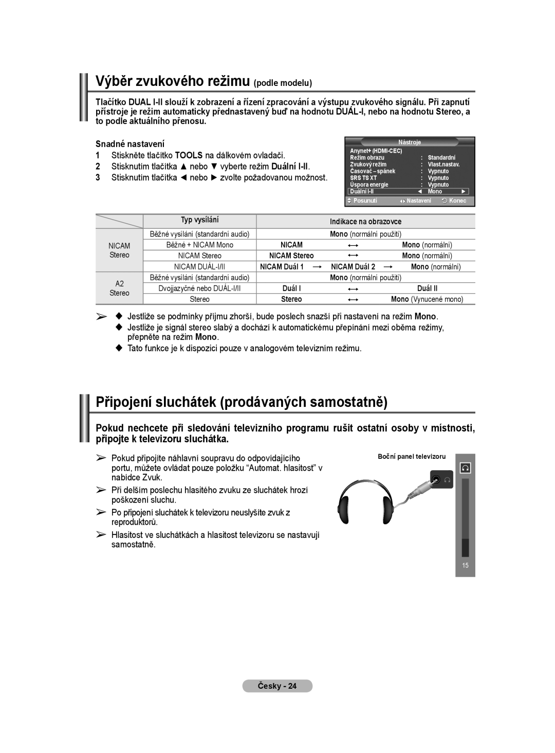 Samsung WMN5090A user manual Připojení sluchátek prodávaných samostatně, To podle aktuálního přenosu Snadné nastavení 