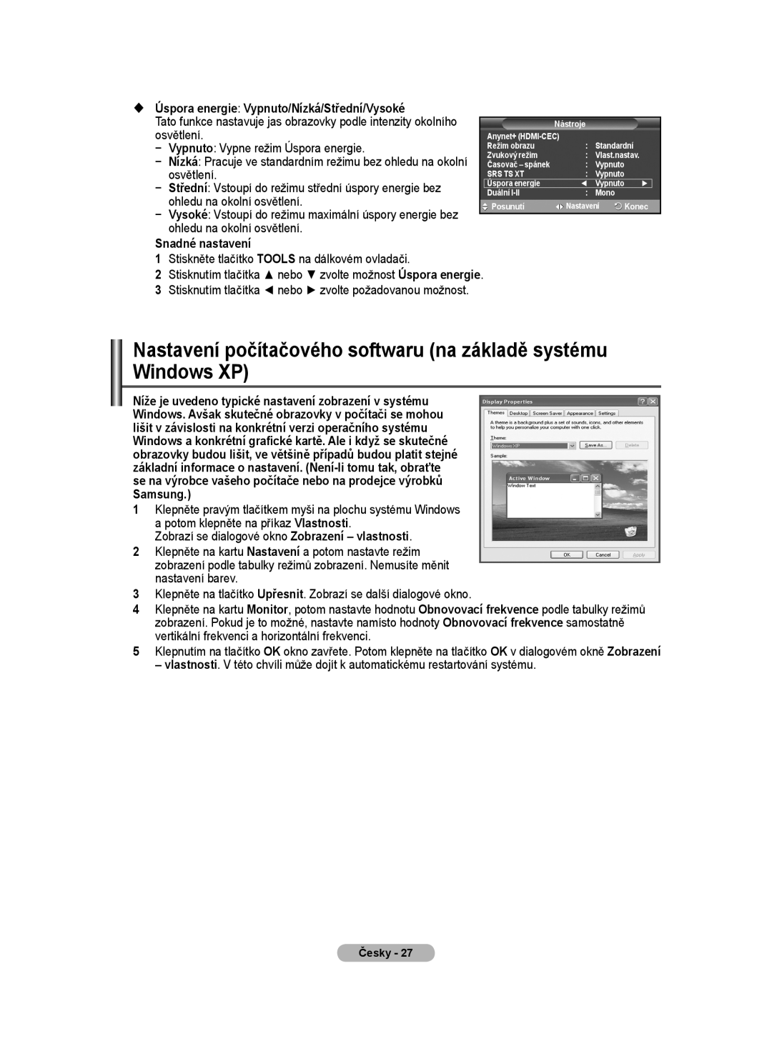 Samsung WMN5090A user manual  Úspora energie Vypnuto/Nízká/Střední/Vysoké, Osvětlení, Vypnuto Vypne režim Úspora energie 