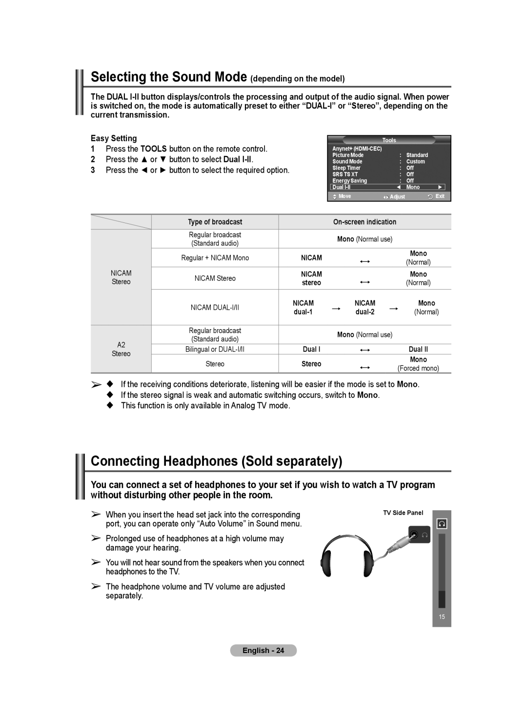 Samsung WMN5090A user manual Selecting the Sound Mode depending on the model, Connecting Headphones Sold separately, Dual-1 