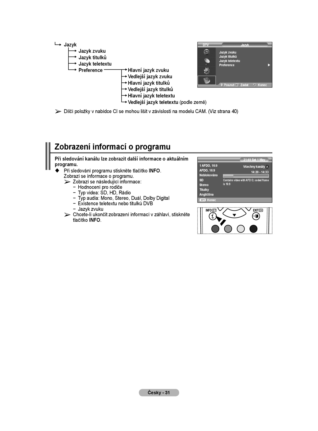 Samsung WMN5090A Zobrazení informací o programu, Jazyk, Hlavní jazyk zvuku, Vedlejší jazyk zvuku Hlavní jazyk titulků 